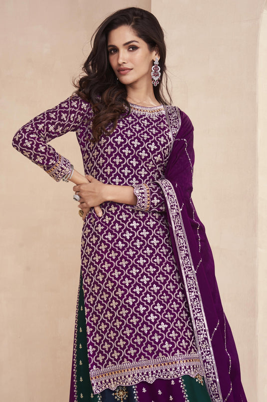 Purple Chinon Silk Fabric Embroidered Readymade Sharara Top Lehenga