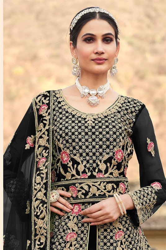 Black Embroidered Work Butterfly Net Anarkali Suit