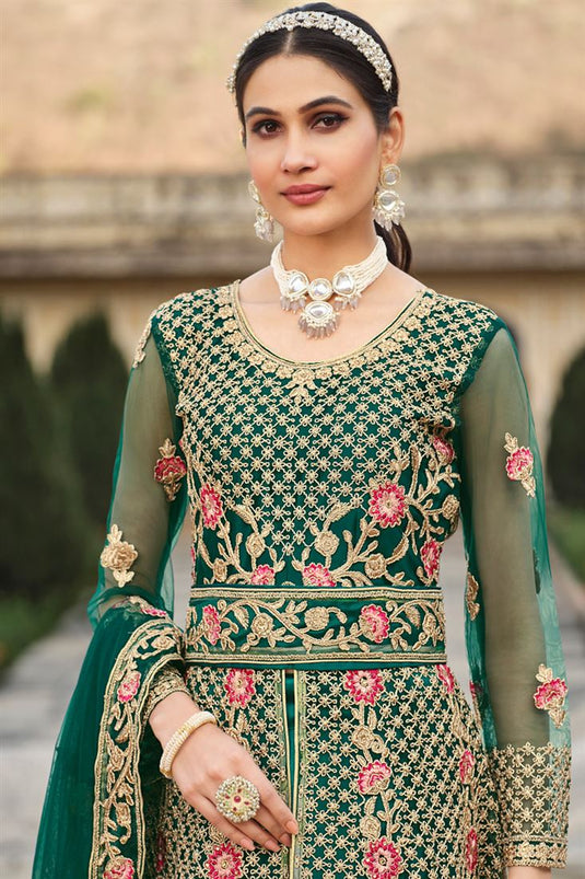 Green Embroidery Work Butterfly Net Anarkali Suit