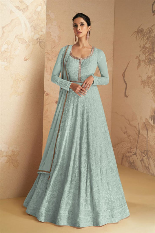 Dazzling Georgette Fabric Light Cyan Color Anarkali Suit For Function