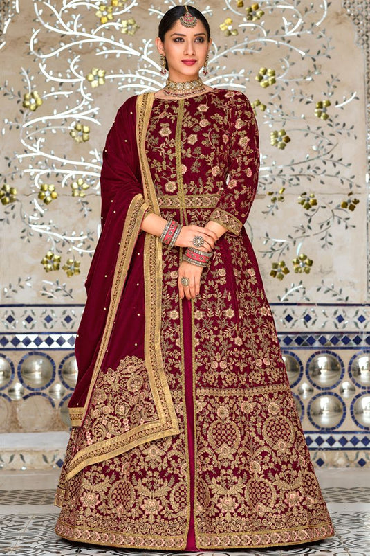 Mesmeric Velvet Fabric Sangeet Wear Sharara Top Lehenga In Maroon Color