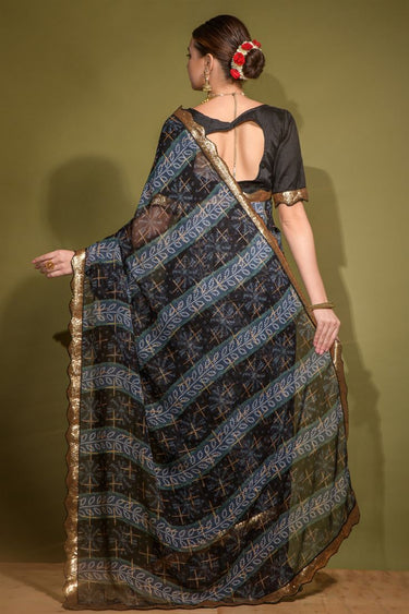 Midnight Black Georgette Chiffon Saree with Foil Printed Work