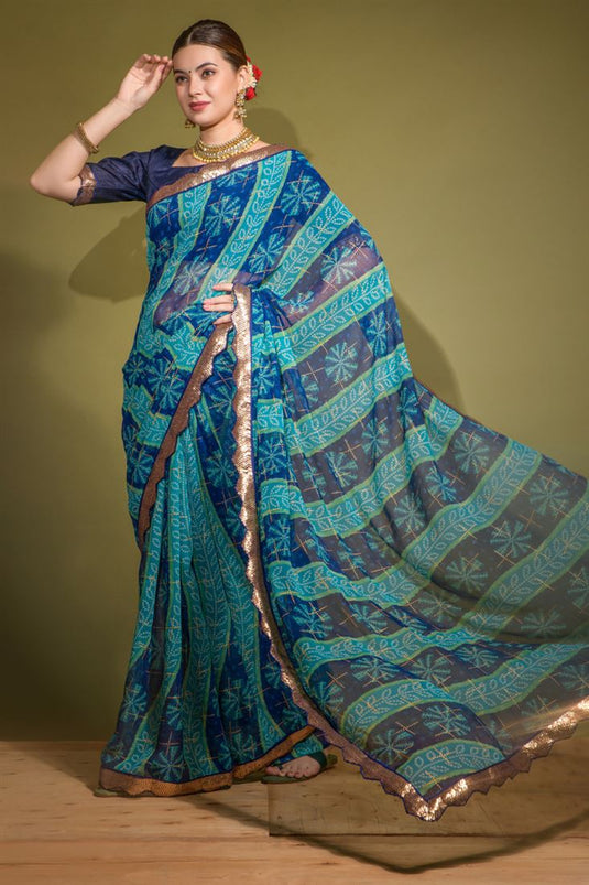 Ocean Blue Georgette Chiffon Saree with Foil Printed Work