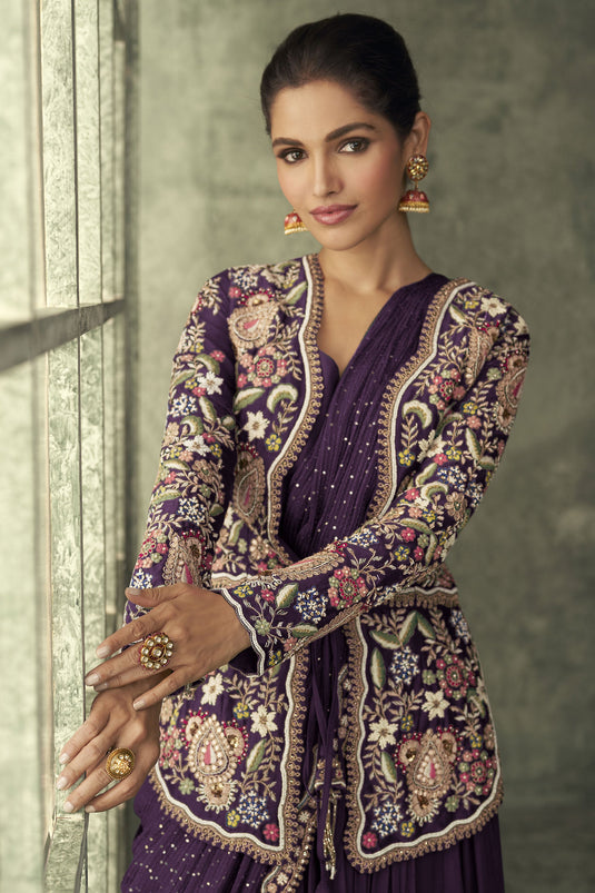 Awesome Georgette Fabric Purple Color Readymade Gown With Embroidered Jacket