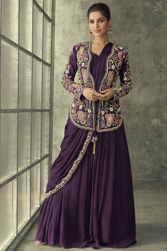 Awesome Georgette Fabric Purple Color Readymade Gown With Embroidered Jacket