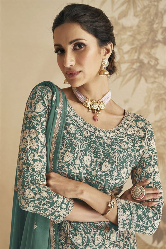 Georgette Fabric Teal Color Winsome Sharara Suit For Function