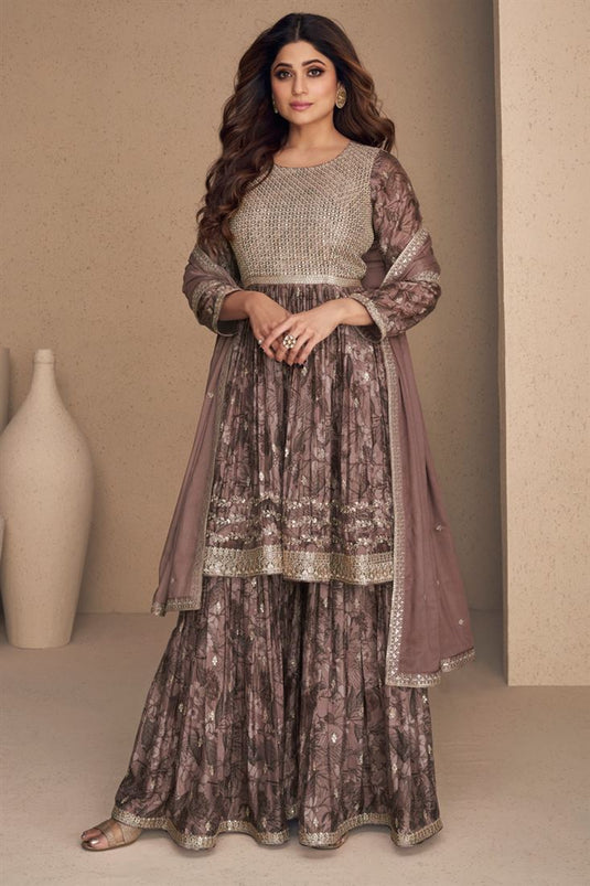 Shamita Shetty Wine Color Chinon Fabric Tempting Sharara Suit