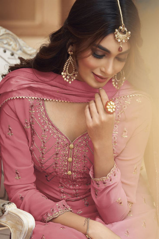 Embroidered Work On Captivating Georgette Palazzo Suit In Pink Color