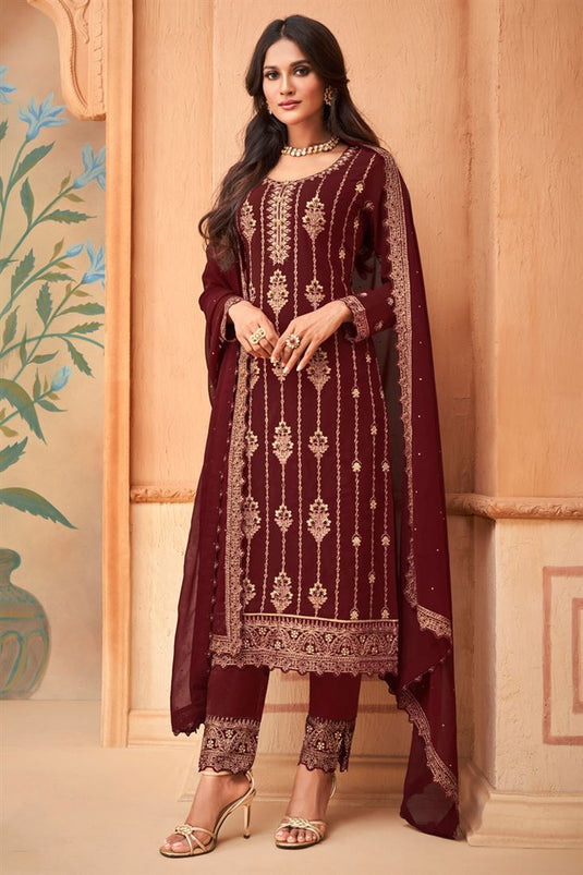 Traditional Look Georgette Maroon Color Elegant Salwar Suit