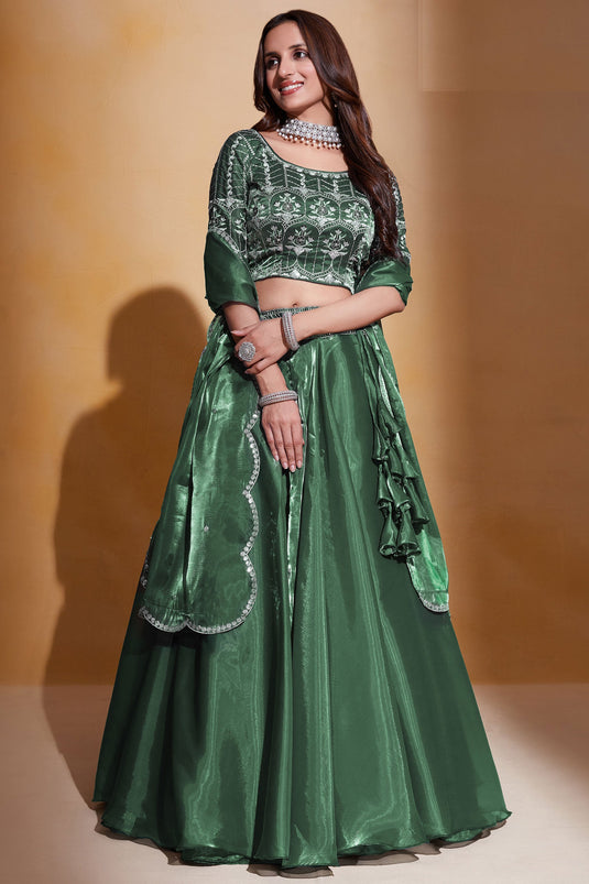 Green Color Wedding Lehenga Choli In Organza Silk Fabric