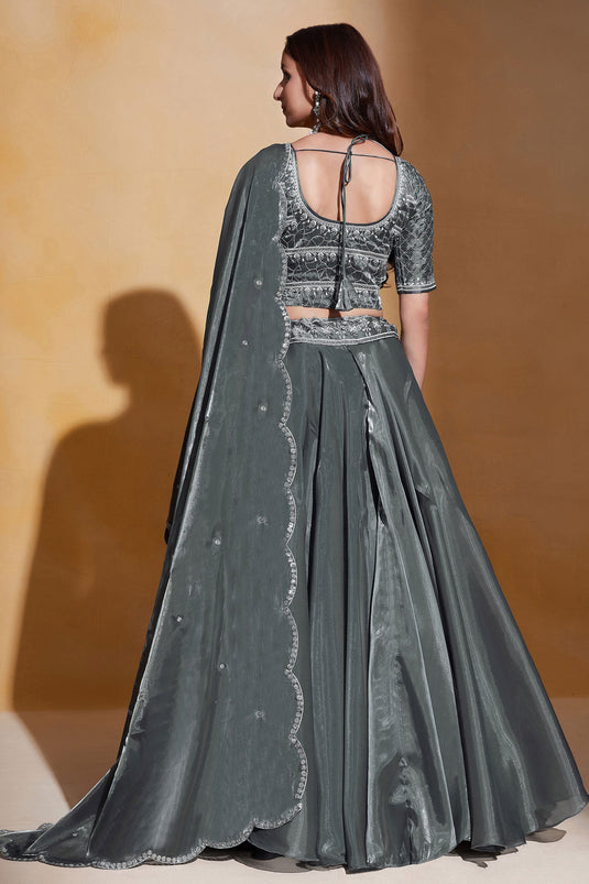 Grey Color Embroidered Organza Silk Fabric Lehenga Choli