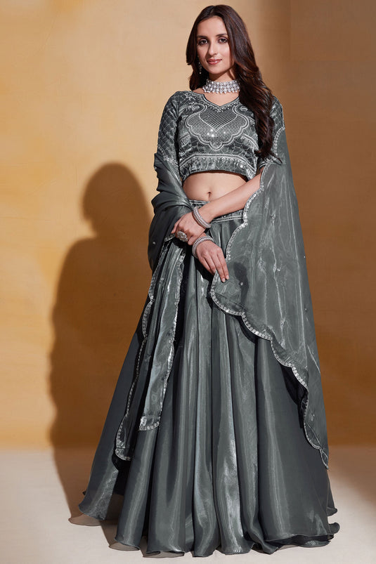 Grey Color Embroidered Organza Silk Fabric Lehenga Choli