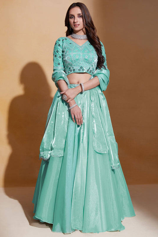 Sea Green Color Organza Silk Fabric Embroidered Designer Lehenga Choli