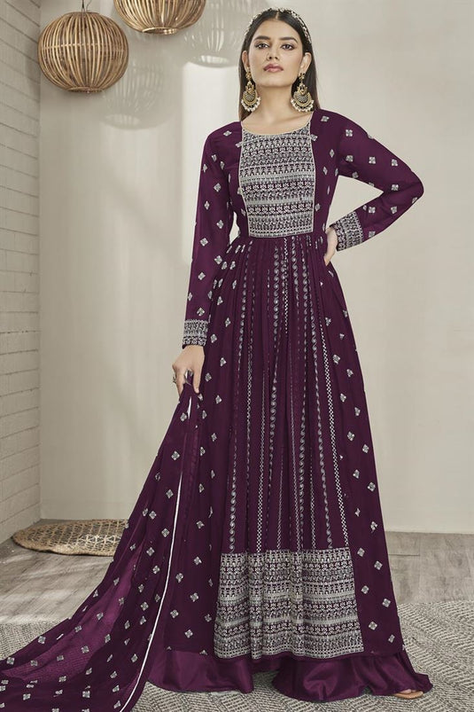 Fascinating Purple Color Georgette Fabric Party Style Palazzo Suit