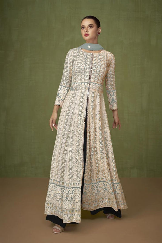 Georgette Fabric Imposing Palazzo Suit Grey Color