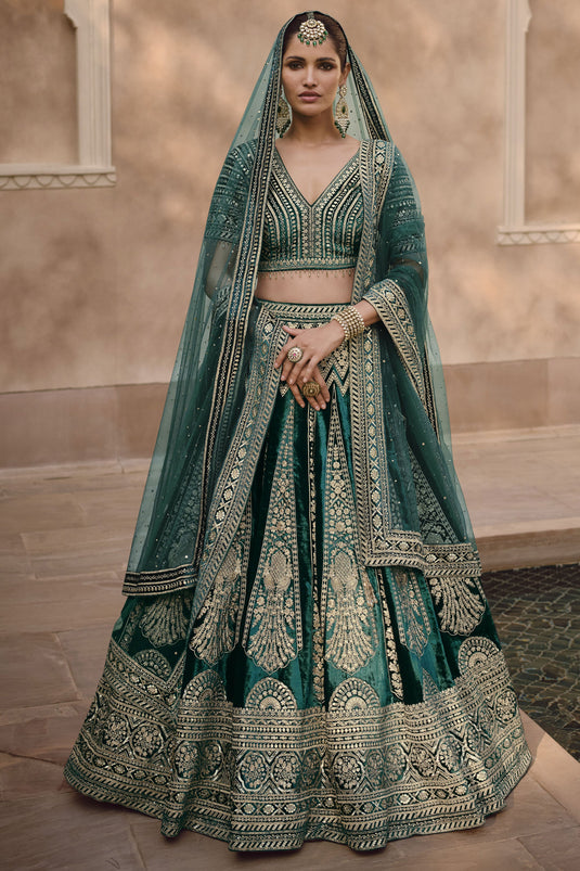 Lycra Fabric Wedding Wear 3 Piece Readymade Lehenga Choli In Dark Green Color With Embroidery Work