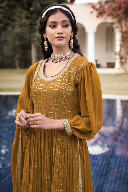 Georgette Fabric Sequins Work Wonderful Palazzo Suit In Mustard Color