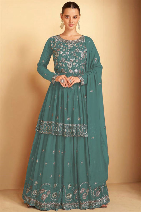 Eugeniya Belousova Sea Green Color Function Wear Stylish Georgette Palazzo Suit