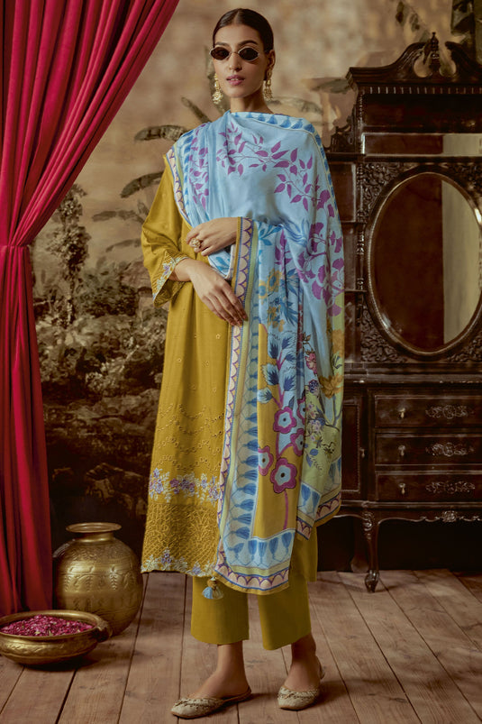 Parsi Embroidered Yellow Color Long Straight Cut Salwar Suit In Art Silk Fabric