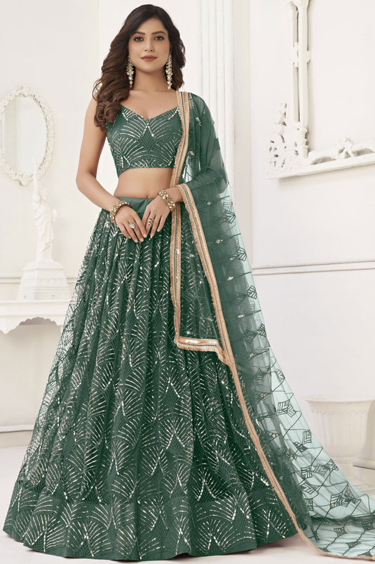 Phenomenal Sangeet Wear Dark Green Color Net Fabric Lehenga Choli