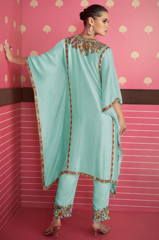 Eugeniya Belousova Fabulous Satin Silk Light Cyan Color Kaftan Style Salwar Suit