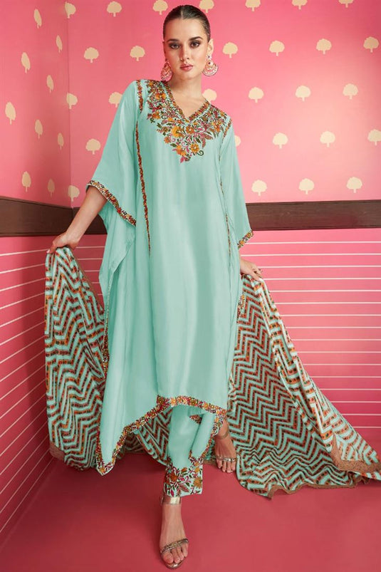 Eugeniya Belousova Fabulous Satin Silk Light Cyan Color Kaftan Style Salwar Suit