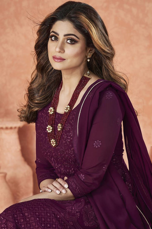 Shamita Shetty Wine Color Georgette Fabric Embellished Sharara Suit