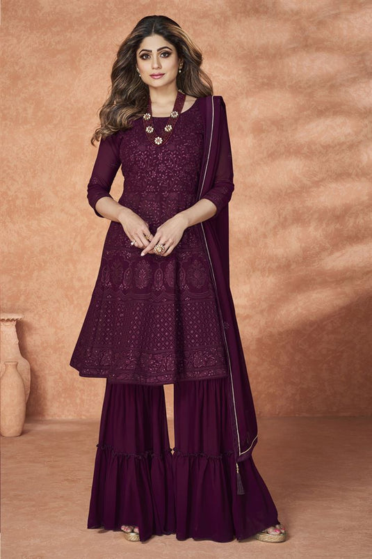 Shamita Shetty Wine Color Georgette Fabric Embellished Sharara Suit