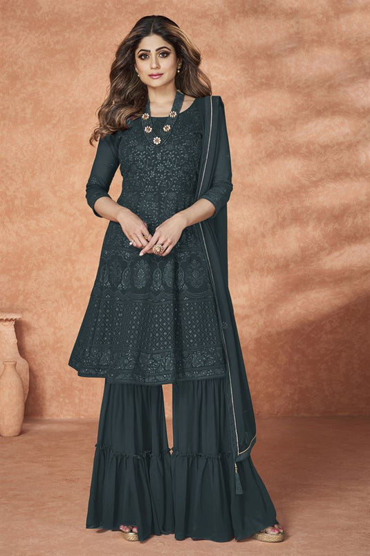 Shamita Shetty Dark Grey Color Georgette Fabric Enticing Sharara Suit