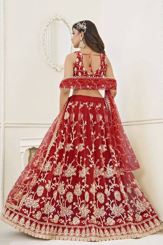 Embroidered Net Wedding Wear Lehenga In Red With Ravishing Blouse