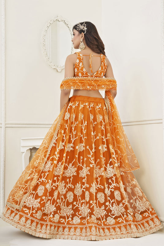 Orange Net Sangeet Wear Embroidered Chaniya Choli With Beautiful Blouse
