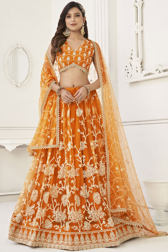 Orange Net Sangeet Wear Embroidered Chaniya Choli With Beautiful Blouse