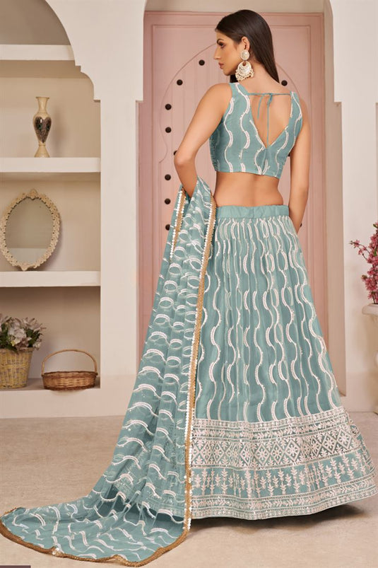 Light Cyan Color Fantastic Net Lehenga In Sangeet Wear