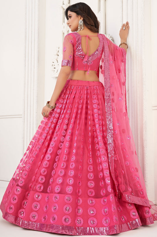 Embroidered Pink Designer 3 Piece Lehenga Choli In Net Fabric