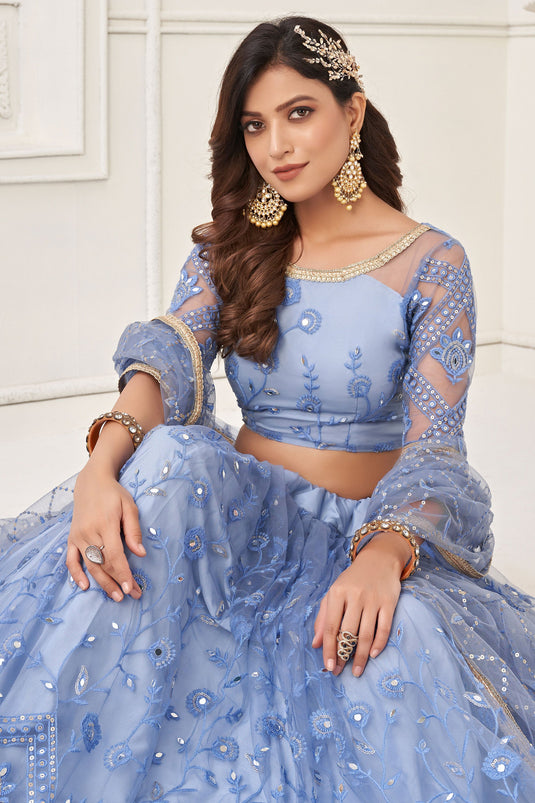 Blue Net Occasion Wear Lehenga Choli With Embroidery Work