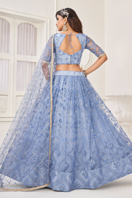 Blue Net Occasion Wear Lehenga Choli With Embroidery Work