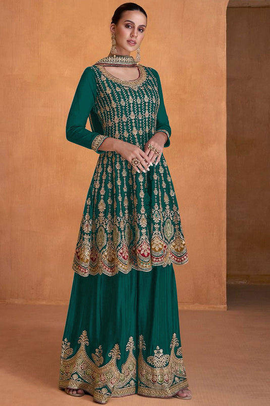 Georgette Fabric Embroidered Function Wear Palazzo Salwar Kameez In Dark Green Color