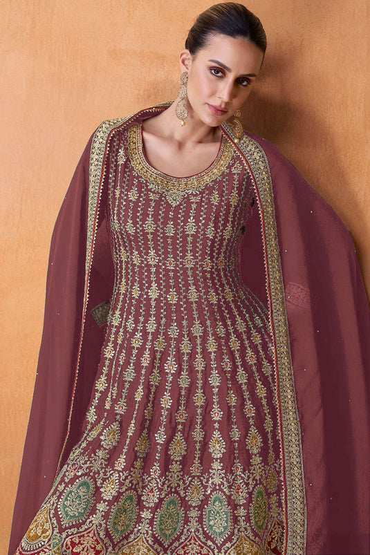 Embroidered Rust Color Palazzo Salwar Kameez In Georgette Fabric