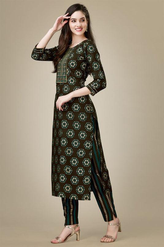 Elegant Brown Color Rayon Fabric Kurti With Pant