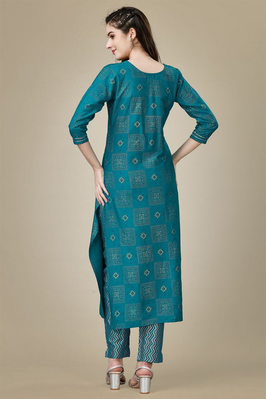 Teal Color Amazing Rayon Fabric Kurti And Pant