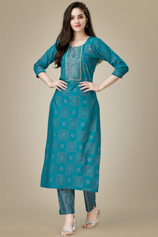 Teal Color Amazing Rayon Fabric Kurti And Pant