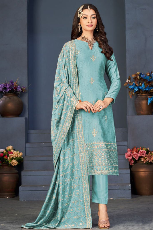 Cyan Color Festival Vichitra Fabric Trendy Salwar Suit