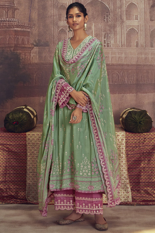 Sea Green Embroidered Palazzo Suit In Muslin Fabric