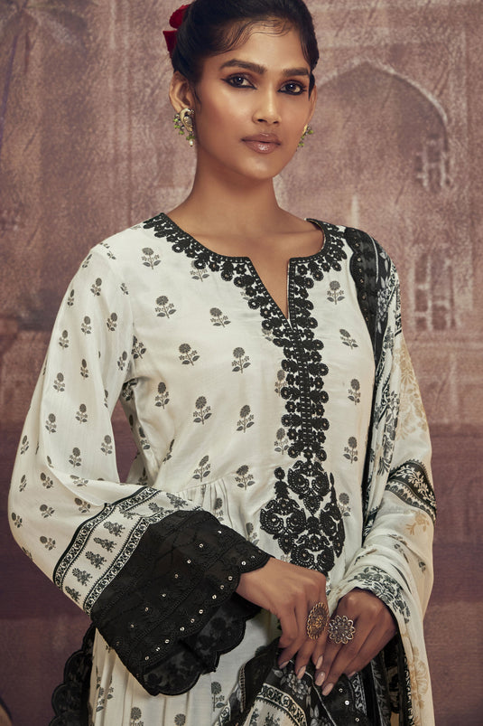 Muslin Embroidered Function Wear Off White Color Palazzo Salwar Kameez