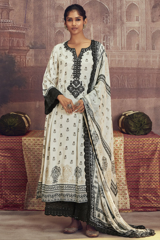 Muslin Embroidered Function Wear Off White Color Palazzo Salwar Kameez