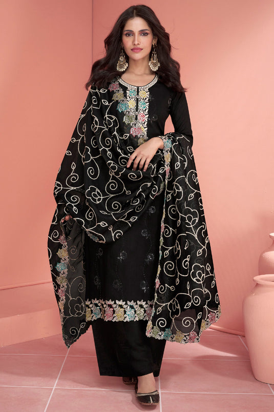 Black Color Art Silk Fabric Enticing Function Wear Palazzo Suit