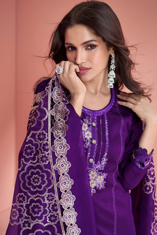 Art Silk Fabric Purple Color Graceful Function Wear Palazzo Suit