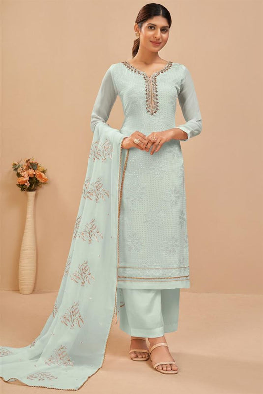 Light Cyan Color Georgette Tempting Festive Wear Palazzo Suit