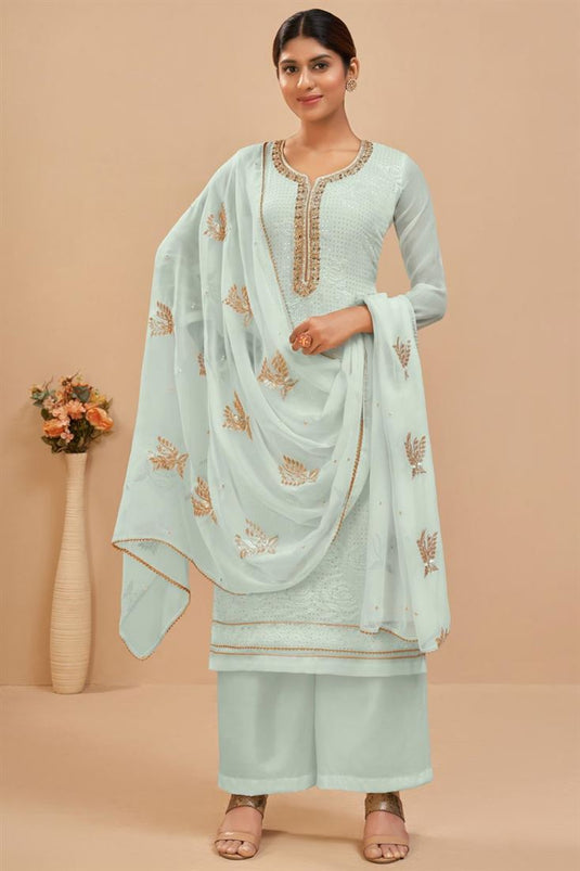 Sequins Work Trendy Light Cyan Color Palazzo Suit In Georgette Fabric