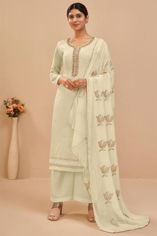 Georgette Fabric Attractive Sequins Work Cream Color Palazzo Suit